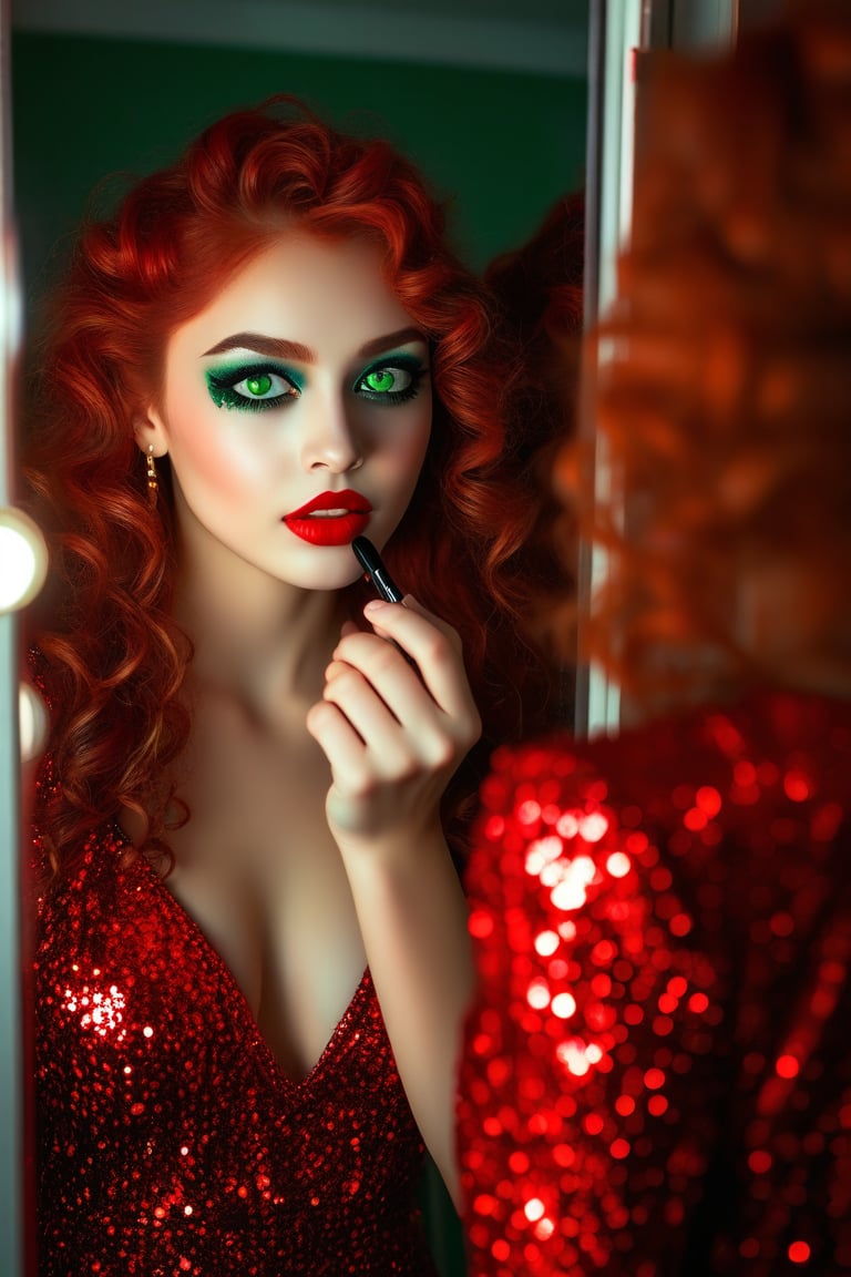 close-up photo of a beautiful young woman with red curly hair and green eyes, in a red sequined party dress, applying red lipstick to her lips in front of the mirror, red nail polish on her nails, red sequined eyeshadow on her eyelids, eyelashes painted with black, her eyes are outlined with a black ink line, her face is reflected in the hall mirror, it is evening, the light is on in the hall