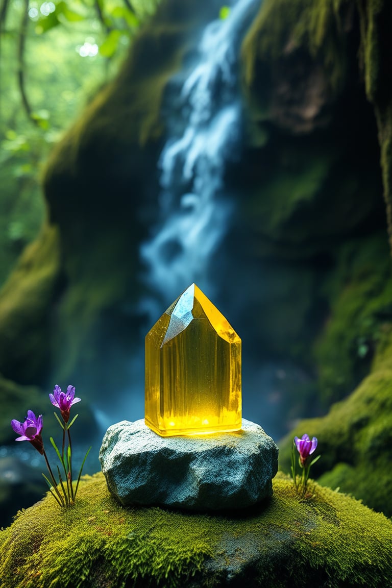 A shimmering citrine floating above an ancient, moss-covered stone altar in a dense, enchanted forest. , There is a clear waterfall behind the stone, and there are 3 small purple flowers next to the stone.