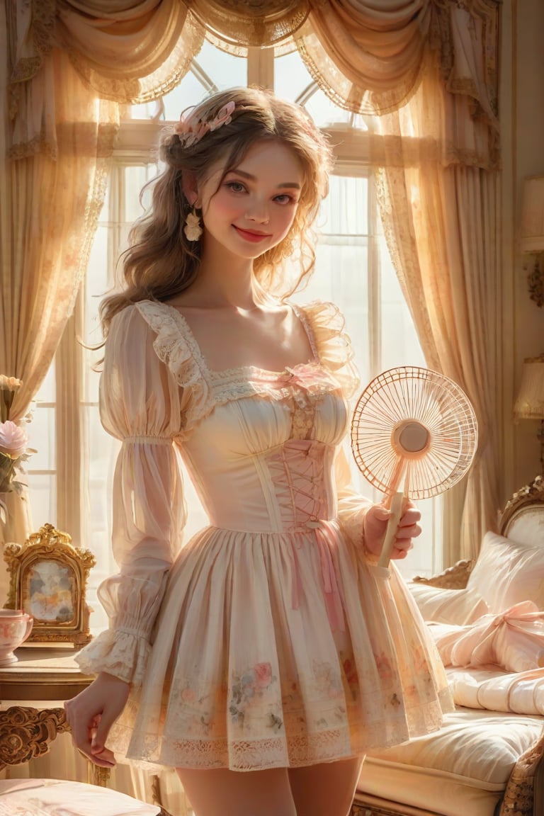 A whimsical portrait of a young woman, bathed in the golden glow of a sunlit parlor. She stands amidst ornate furnishings, delicate porcelain figurines, and vibrant floral wallpaper, her playful smile peeking from behind a lacy fan. Loose, romantic curls frame her face, while lace details on her vintage-inspired dress add to the overall air of flirtatious innocence.Coquette aesthetic