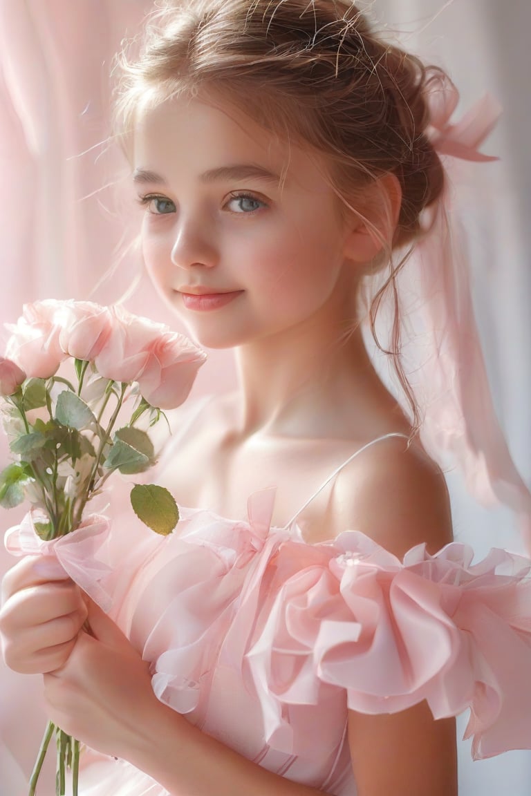 A young girl in a sweet, pink dress, holding a small bouquet of roses. Her hair is styled in a loose, romantic updo, with a large, silky pink ribbon tied around it. The background is a soft-focus blend of pastel colors, creating a dreamy and ethereal atmosphere. Her expression is one of gentle shyness, with a soft blush on her cheeks