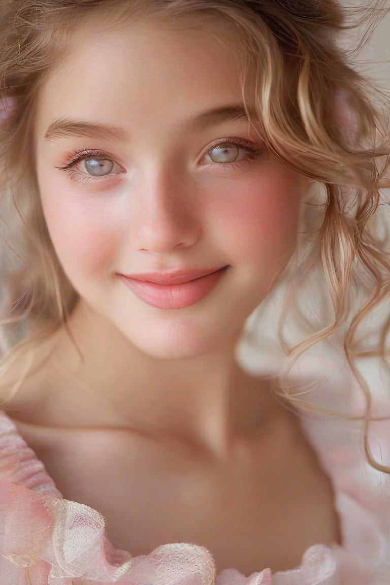 A close-up portrait of a young girl with soft, porcelain skin, gazing directly into the camera with a playful, knowing smile. Her cheeks are lightly flushed, and her lips are painted a soft, rosy pink. She wears a delicate, off-the-shoulder lace top, and her hair falls in loose, romantic waves around her face. The background is a soft blur of pastel colors, adding a dreamy, ethereal quality to the portrait.Coquette aesthetic