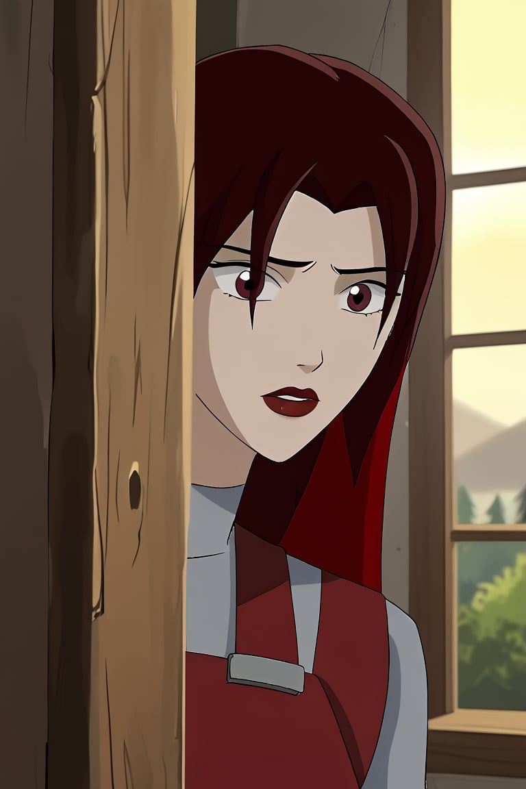 Circe, gray shirt, red jumpsuit,two-tone hair, red eyes, lipstick,peeking out upper body