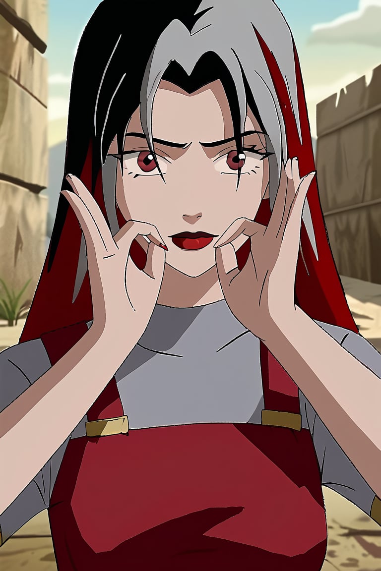 Circe, gray shirt, red jumpsuit,two-tone hair, red eyes, lipstick,ok sign,double ok sign,ok sign over eye