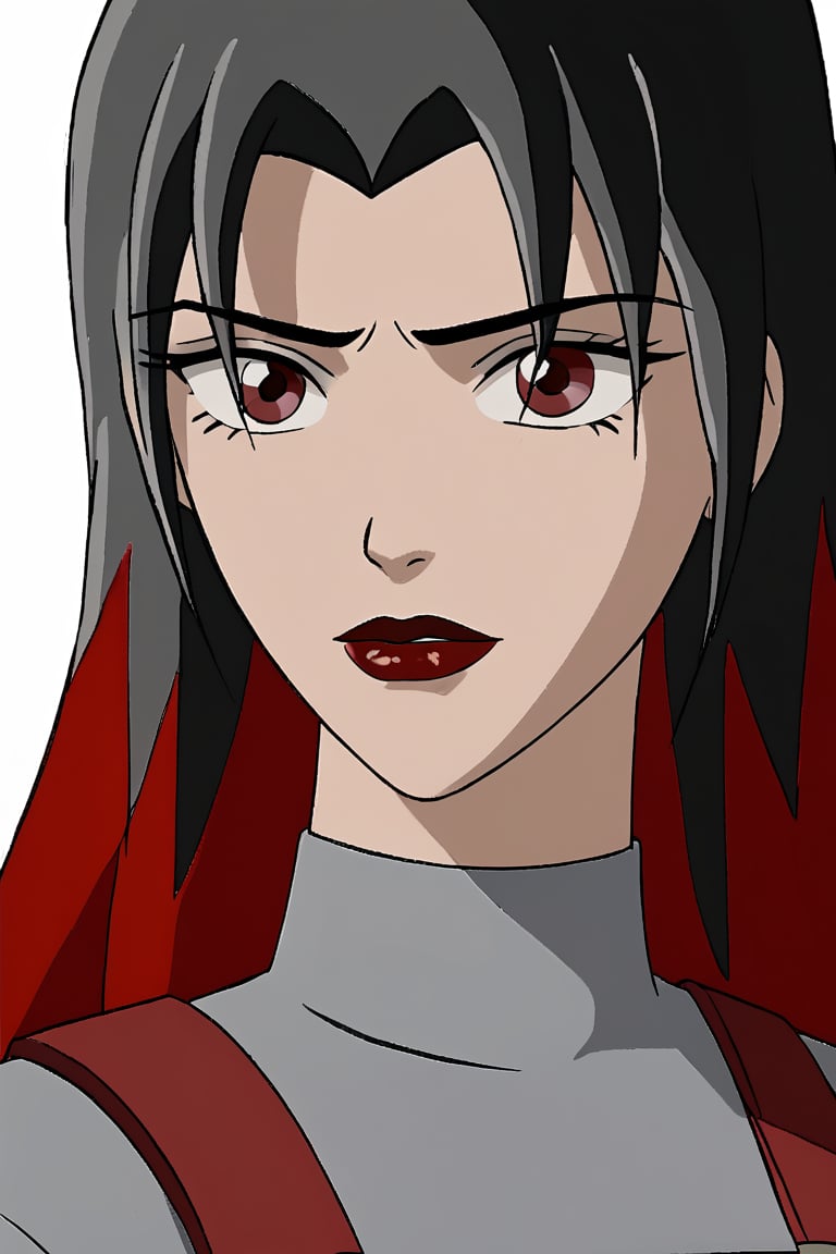 Circe, gray shirt, red jumpsuit,two-tone hair, red eyes, lipstick