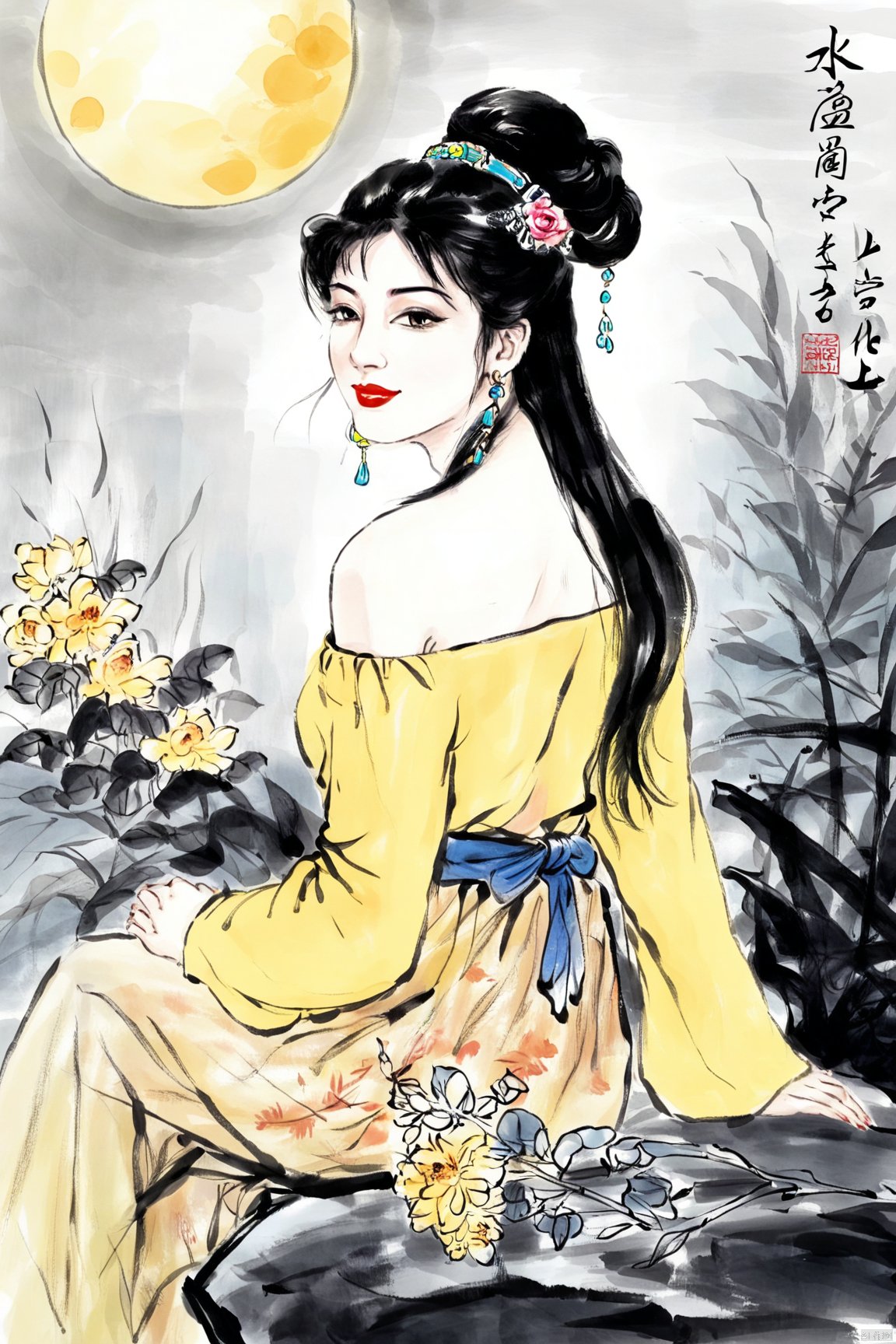 水墨画, 1个女人,独奏,黑色头发,耳环,珠宝,露肩衬衫,坐着,花,发饰,传统媒体,月亮,裸露的肩膀,衬衫,绘画（中等）,红唇,黄色衬衫,头发花,看着观众,露肩,回头看,口红,微笑,长袖