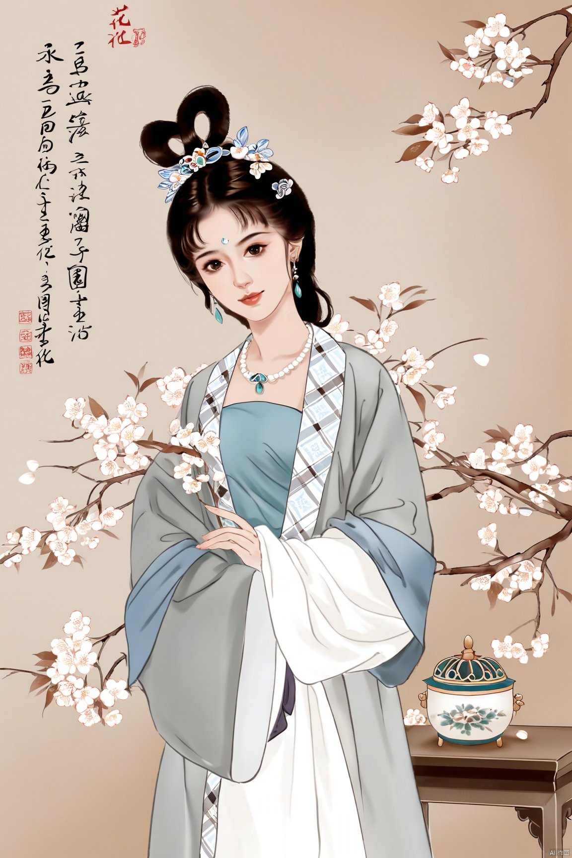 水墨画,1个女孩,独奏,花,珠宝,发饰,耳环,中式服装,树枝,黑发,汉服,发花,花瓶,长袖,格子,棕色眼睛,室内,樱花,微笑,看着观众,项链,抱着