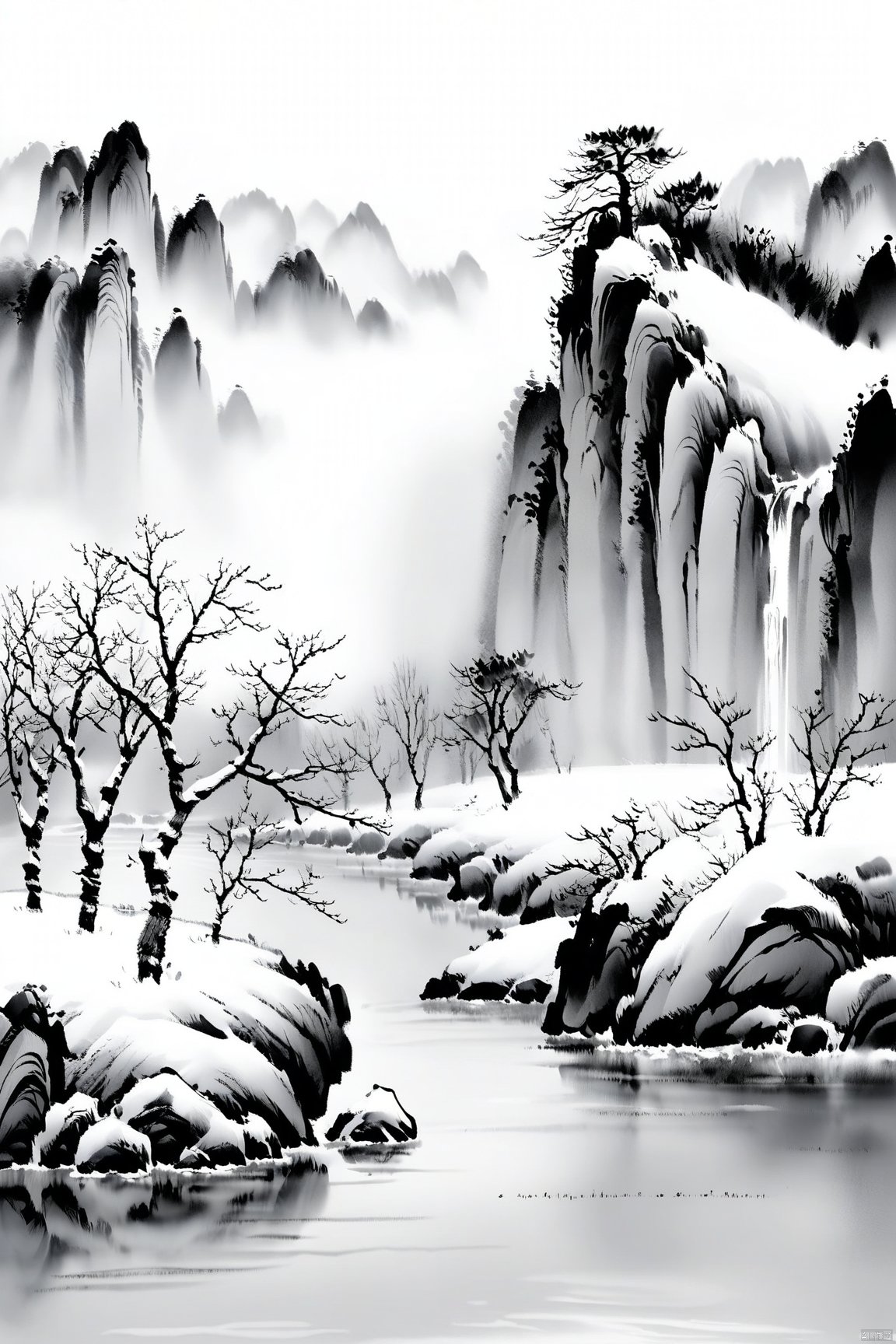 水墨画, 没有人,单色,风景,树,水,户外,雪,岩石,传统媒体,灰度,自然,光秃秃的树,雾,河