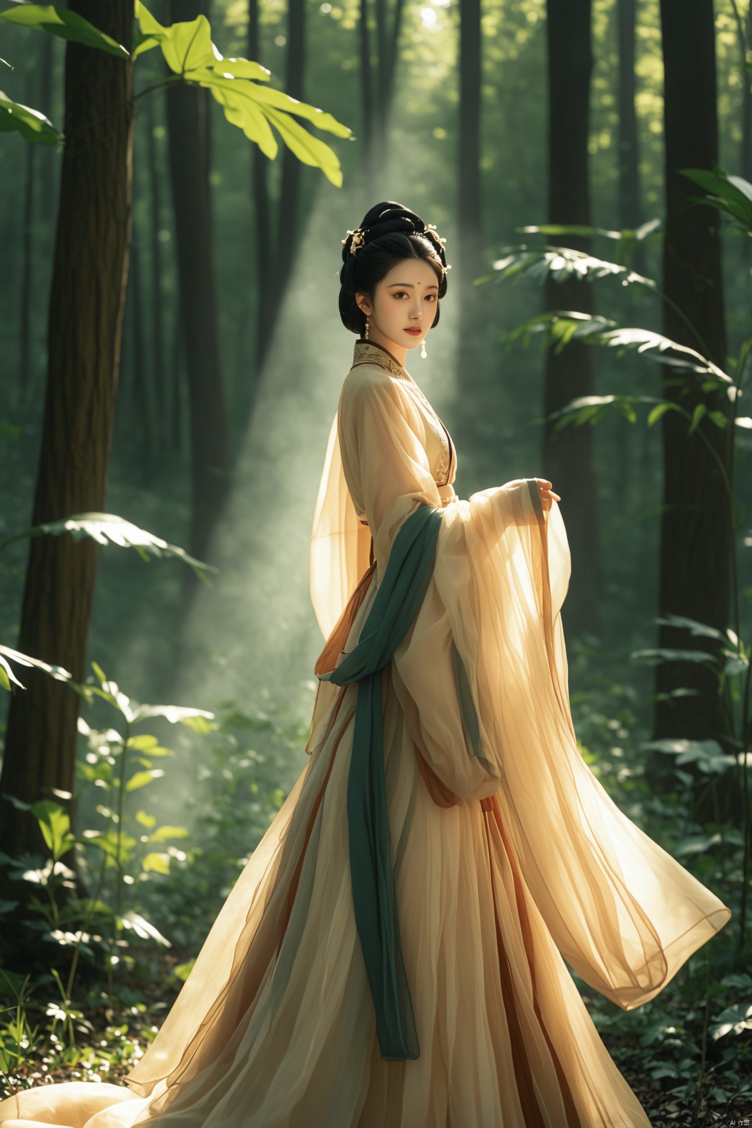 The image captures a scene that seems to be inspired by traditional Chinese attire and settings. The woman in the photograph is dressed in a historical costume that includes a robe with a high collar, known as a 'qipao', and a long, flowing skirt. Her hair is styled in a way that suggests a period hairstyle, possibly from ancient China, with what appears to be a black hairpin or accessory. The background is rich with foliage, predominantly green leaves, which could be interpreted as a representation of a natural, forest-like environment. The lighting is soft and appears to be coming from above, casting gentle shadows and giving the scene an ethereal quality. The overall composition suggests a narrative or thematic focus on historical Chinese culture, with attention to detail in the costume and setting.

