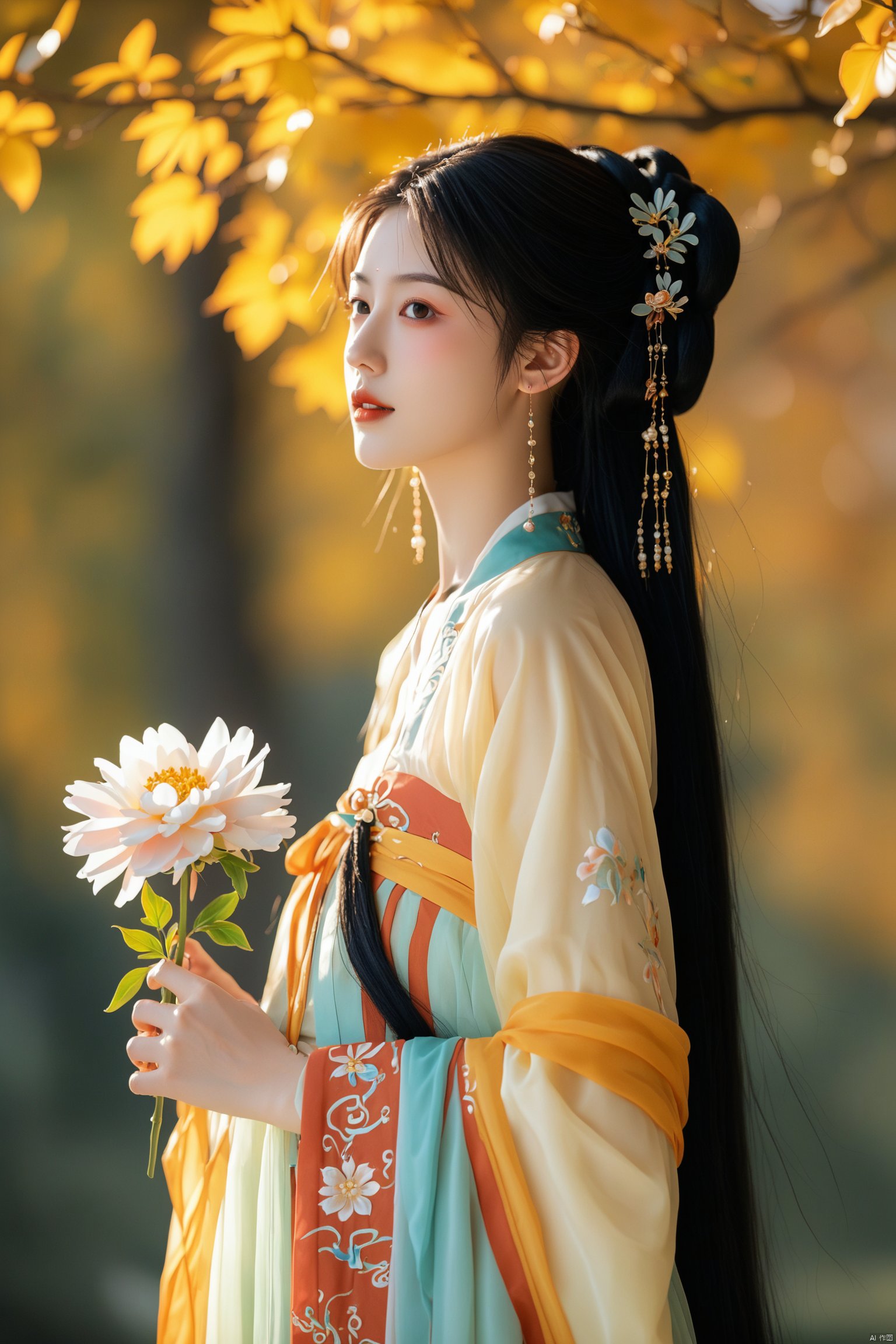 A girl in traditional Chinese clothing, singing solo on stage with long black hair and wearing a hair accessory. She is dressed in an elegant hanfu with wide sleeves and adorned with jewelry including floral earrings. Holding a flower, she gazes at the audience with depth of field effect highlighting her performance, high-quality full-body portrait.