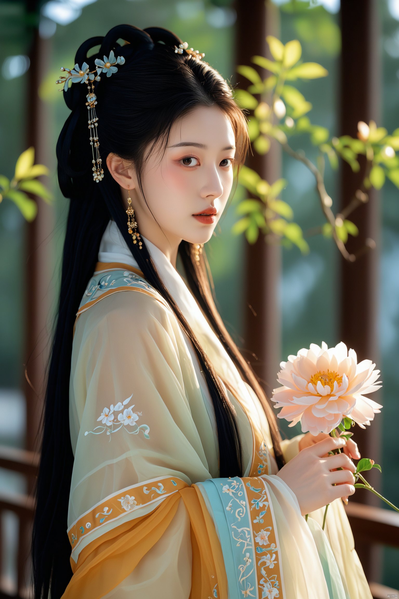 A girl in traditional Chinese clothing, singing solo on stage with long black hair and wearing a hair accessory. She is dressed in an elegant hanfu with wide sleeves and adorned with jewelry including floral earrings. Holding a flower, she gazes at the audience with depth of field effect highlighting her performance, high-quality full-body portrait.