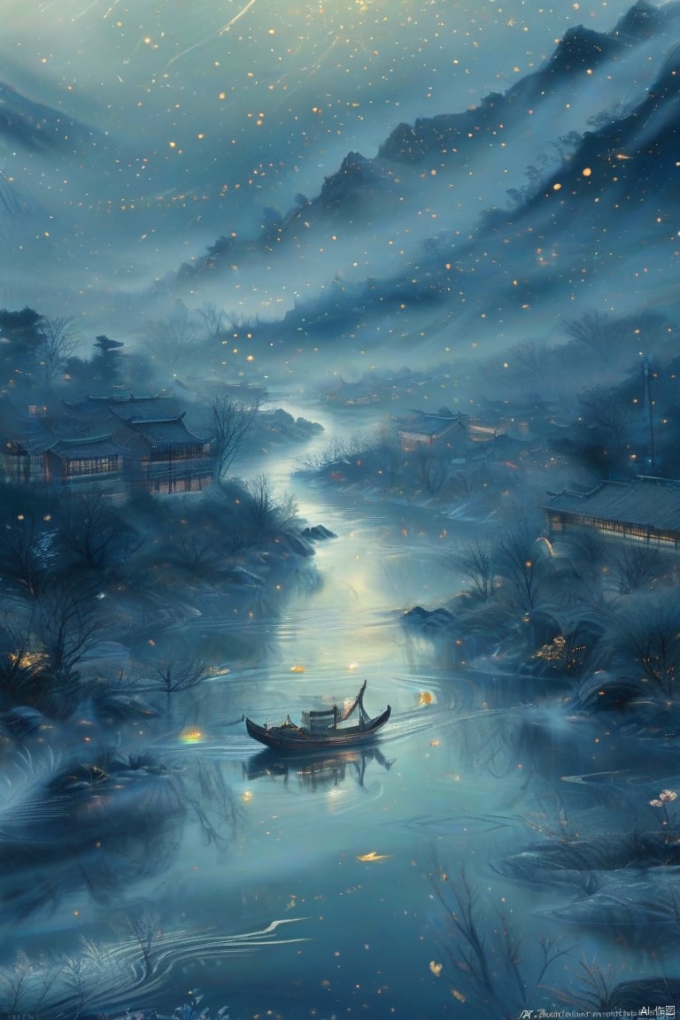 Under the night sky, on the shimmering and misty river surface. The colors on the screen are soft and full of a dreamy atmosphere. China National Geographic, extremely high resolution, wallpaper, added details, panoramic lens (wide-angle lens), beautiful starry sky,
