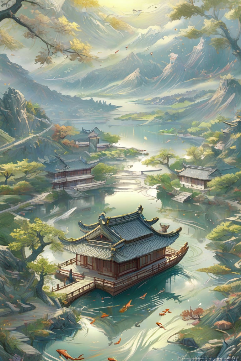 (official art, Masterpieces) , highest quality masterpiece, exquisite description, perfect detail, high definition wallpaper, official art, 16kCG-wallpaper, West Lake scenery, attic, boat, landscape, fish swimming,