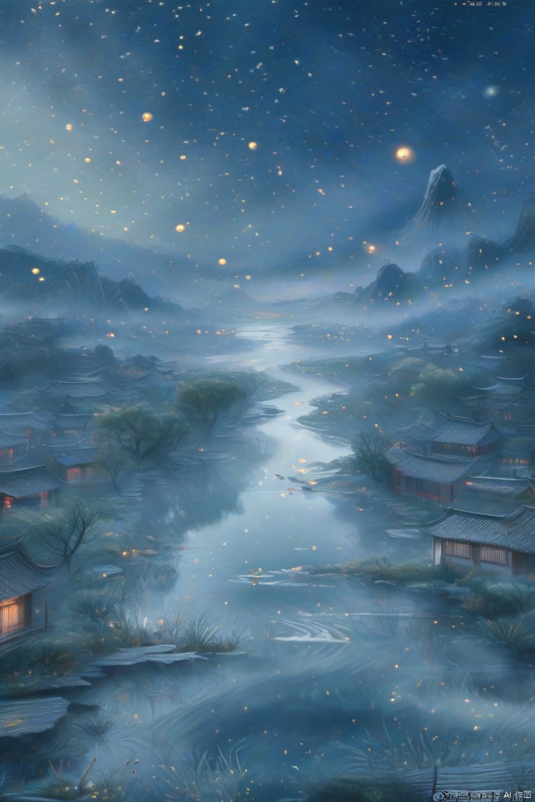 Under the night sky, on the shimmering and misty river surface. The colors on the screen are soft and full of a dreamy atmosphere. China National Geographic, extremely high resolution, wallpaper, added details, panoramic lens (wide-angle lens), beautiful starry sky,
