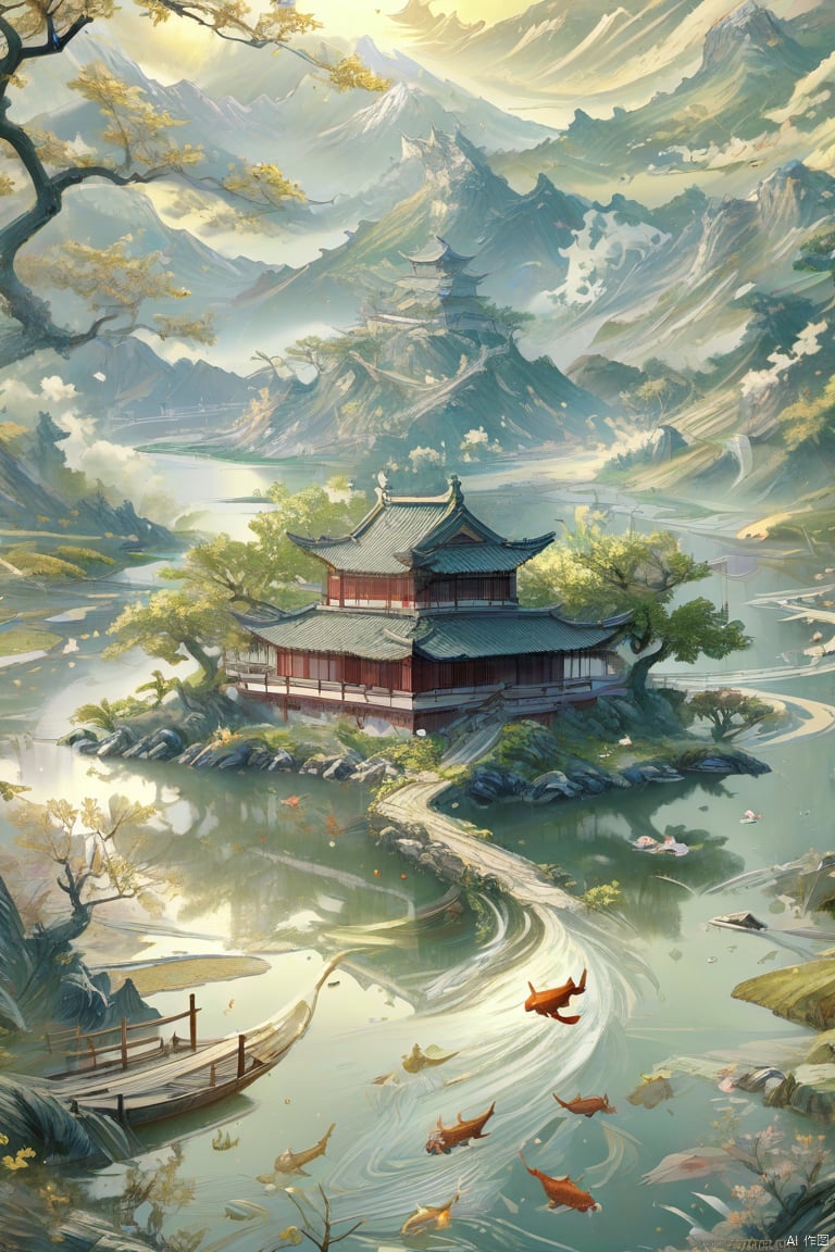 (official art, Masterpieces) , highest quality masterpiece, exquisite description, perfect detail, high definition wallpaper, official art, 16kCG-wallpaper, West Lake scenery, attic, boat, landscape, fish swimming,