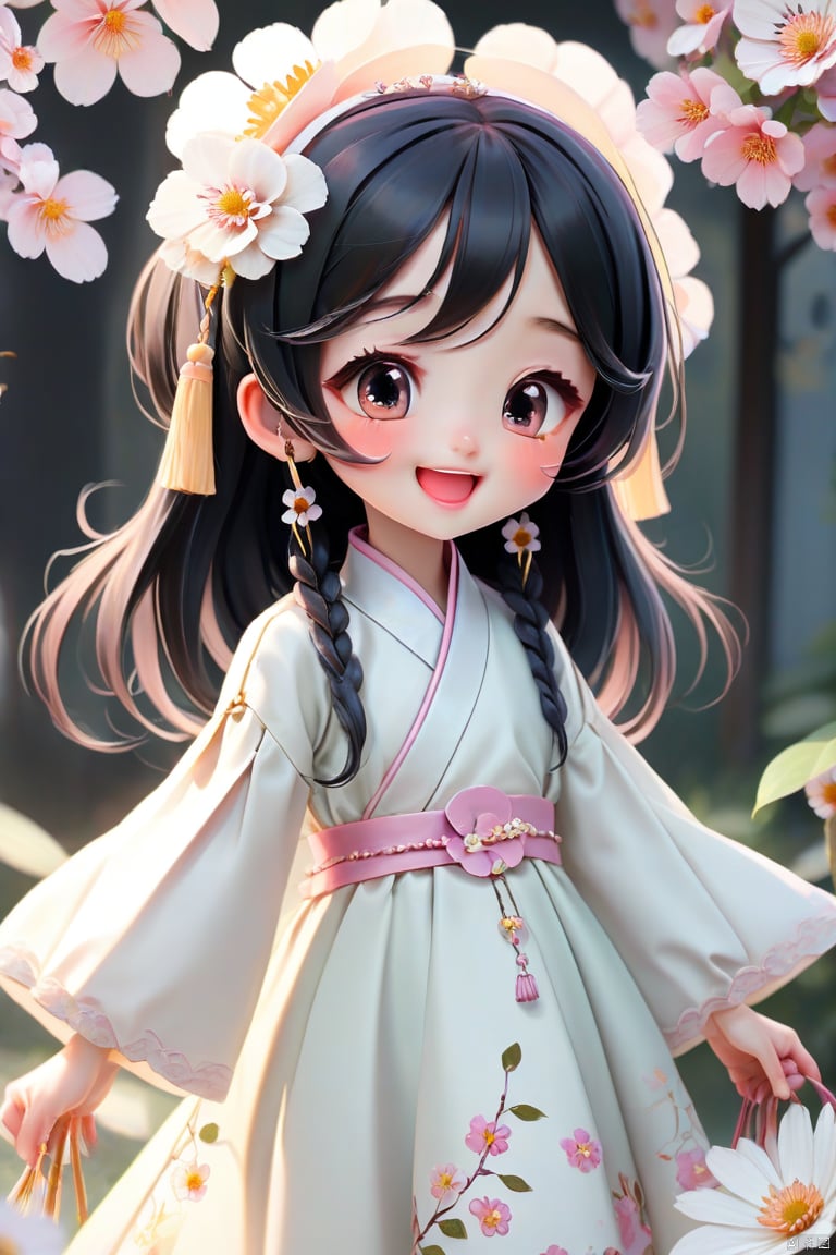 
1 girl, Solo, long hair, look at the audience, blush, smile, Bangs, black hair, hair accessories, black eyes, long sleeves, shut up, stand, flowers, side hair, outdoor, Hanfu, hair flowers, wide sleeves, pink eyes, bun, belt, double bun, Chinese dress, print, white flower, Tassel