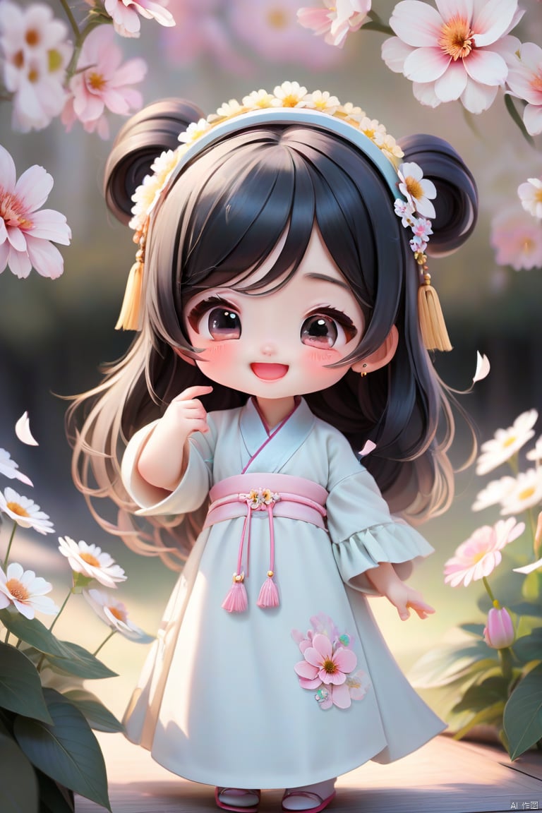 
1 girl, Solo, long hair, look at the audience, blush, smile, Bangs, black hair, hair accessories, black eyes, long sleeves, shut up, stand, flowers, side hair, outdoor, Hanfu, hair flowers, wide sleeves, pink eyes, bun, belt, double bun, Chinese dress, print, white flower, Tassel