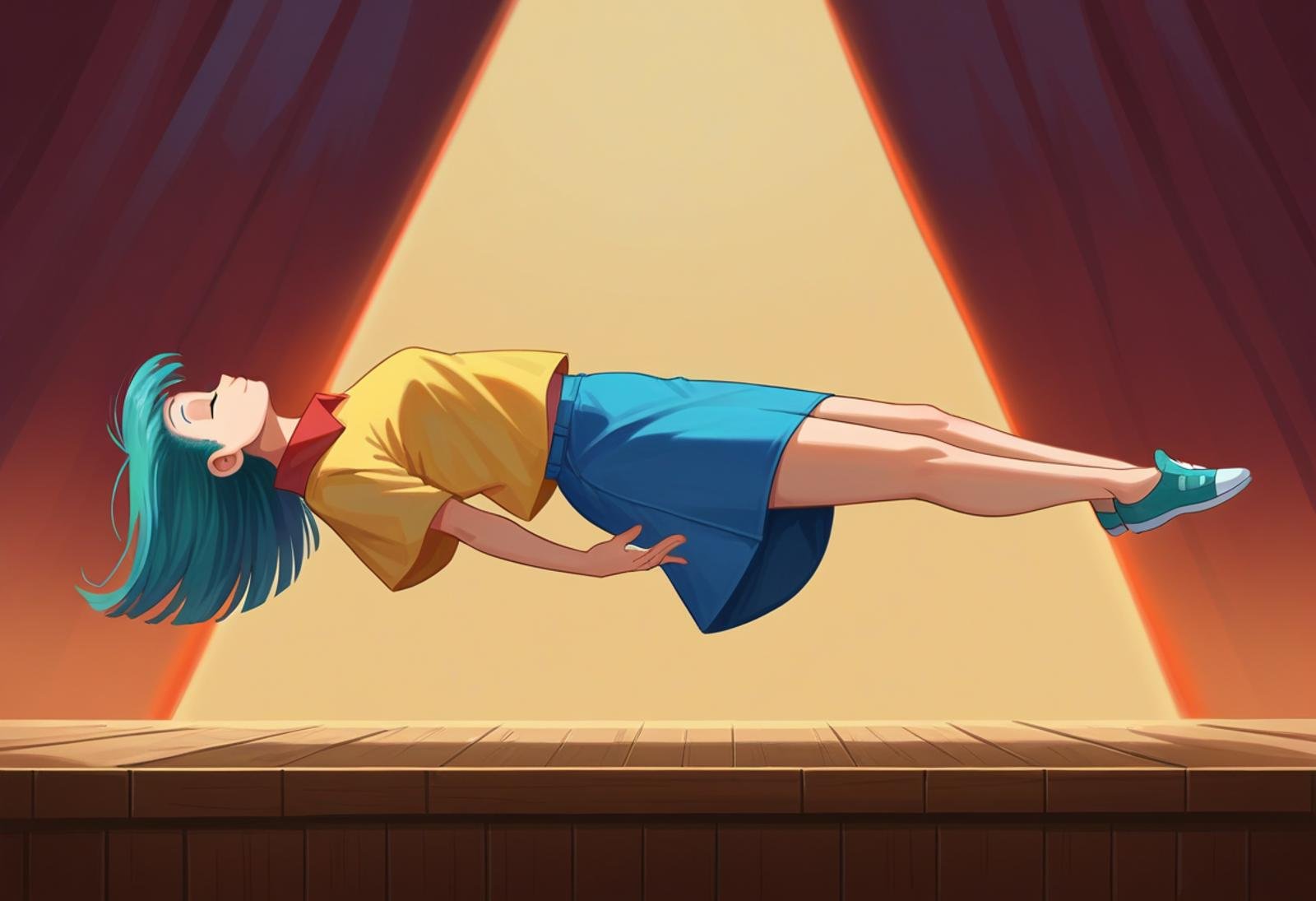 score_9,score_8_up, score_7_up, source_anime, (catalepsy), 1girl, solo, sole_female, bulma, side view, raised_leg, levitating, floating, stage, closed_eyes <lora:Catalepsy_-_Hypnosis_-_Pony:0.65>