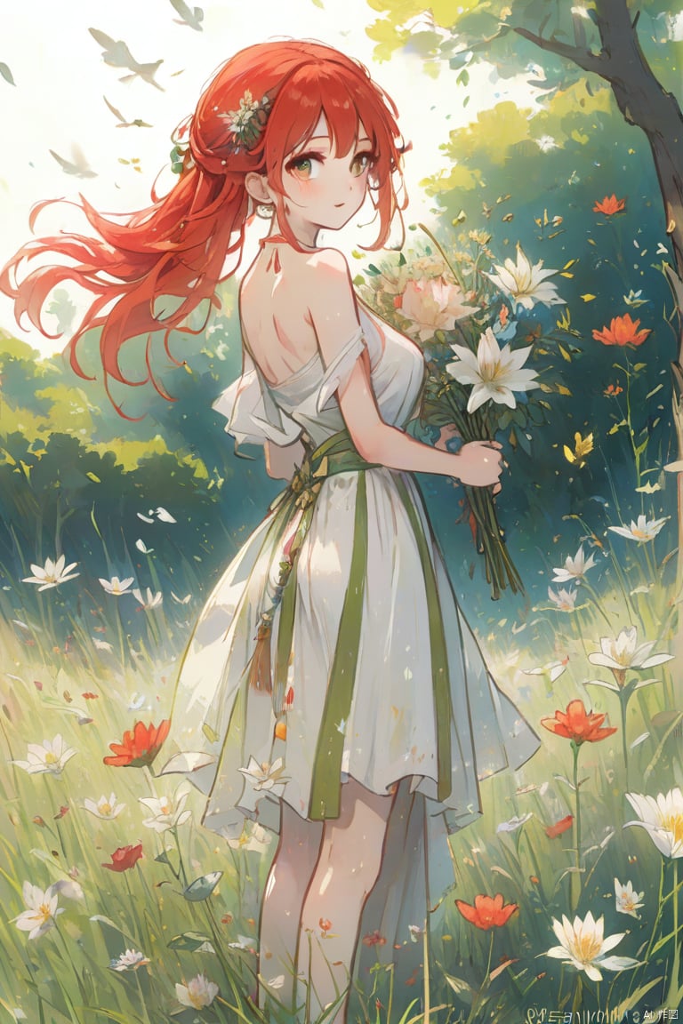 upper body,Create an image of an anime girl with bright red hair,wearing a sundress and holding a bouquet of wildflowers,standing in a field of tall grass with a soft breeze blowing through. The scene should capture the whimsical and carefree style of Sakimichan,with a sense of peace and tranquility in the air.,