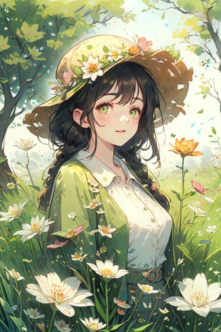 Natural Environment, a girl, flowers, Sun, mottled, grass, squint, (Masterpiece, best quality), (Fine detail beautiful eyes), (Very detailed CG unified 16k wallpaper, Masterpiece, best quality, Super Detail