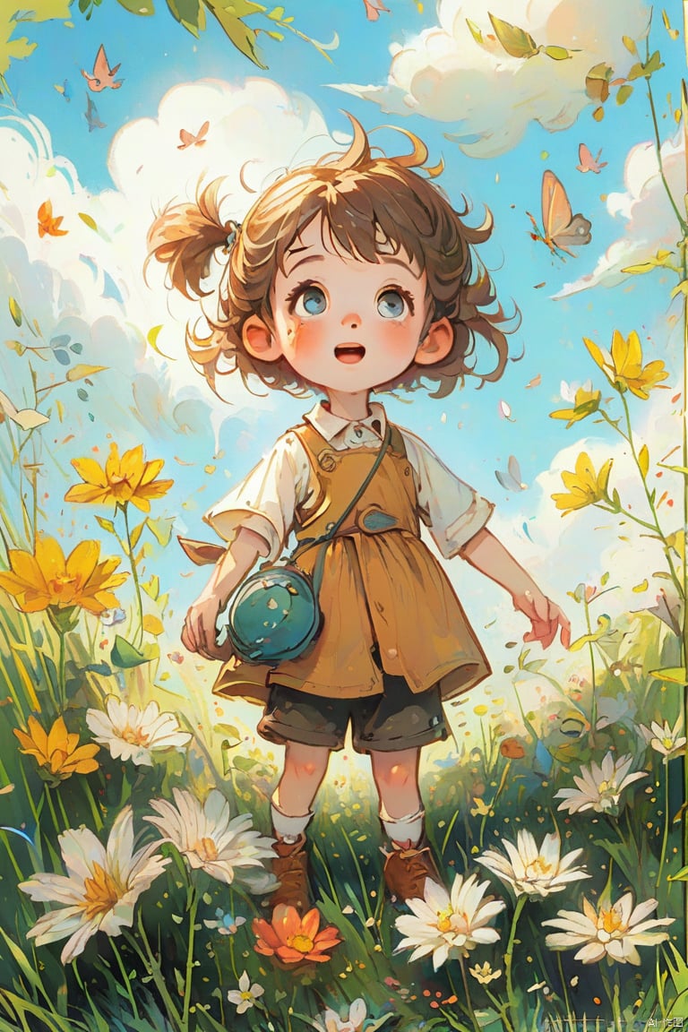 A cute children's illustration featuring a little kid with big eyes and rosy cheeks playing in brightly colored clothes, surrounded by a grassy field filled with flowers and butterflies under sunny weather, high-quality illustration of adorable child playing outdoors, vivid colors, joyful atmosphere.,L&Y