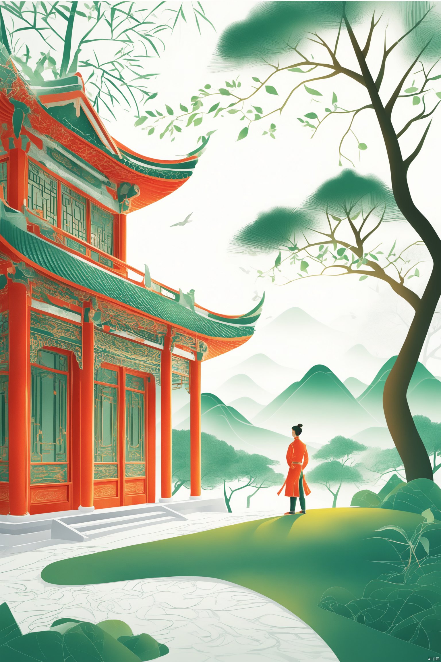 A poster of traditional Chinese art, a person standing on the open land, in front of Chinese architecture, a tree, silk green background, a department, layered illusion, modernist art. Classical balance, Chinese contemporary, large format --ar 3:4 --v 6.0 --personalize oiwf4m5 --s 750