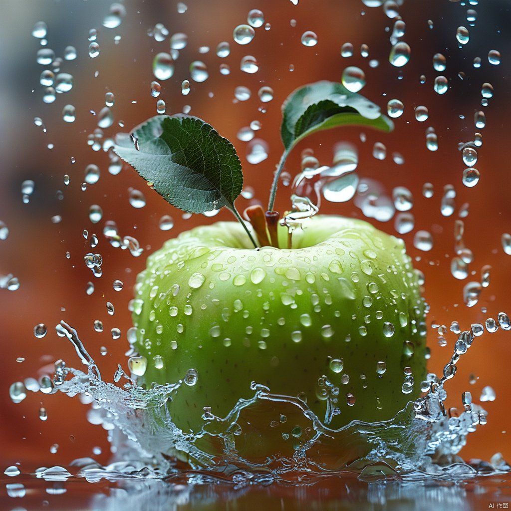 最好的质量,杰作,海报,water splashing,water drop,still slice,an Apple