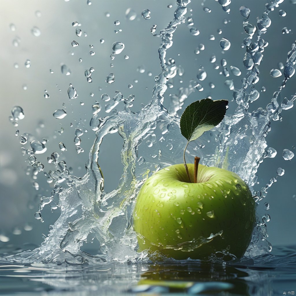 最好的质量,杰作,海报,water splashing,still slice,an Apple