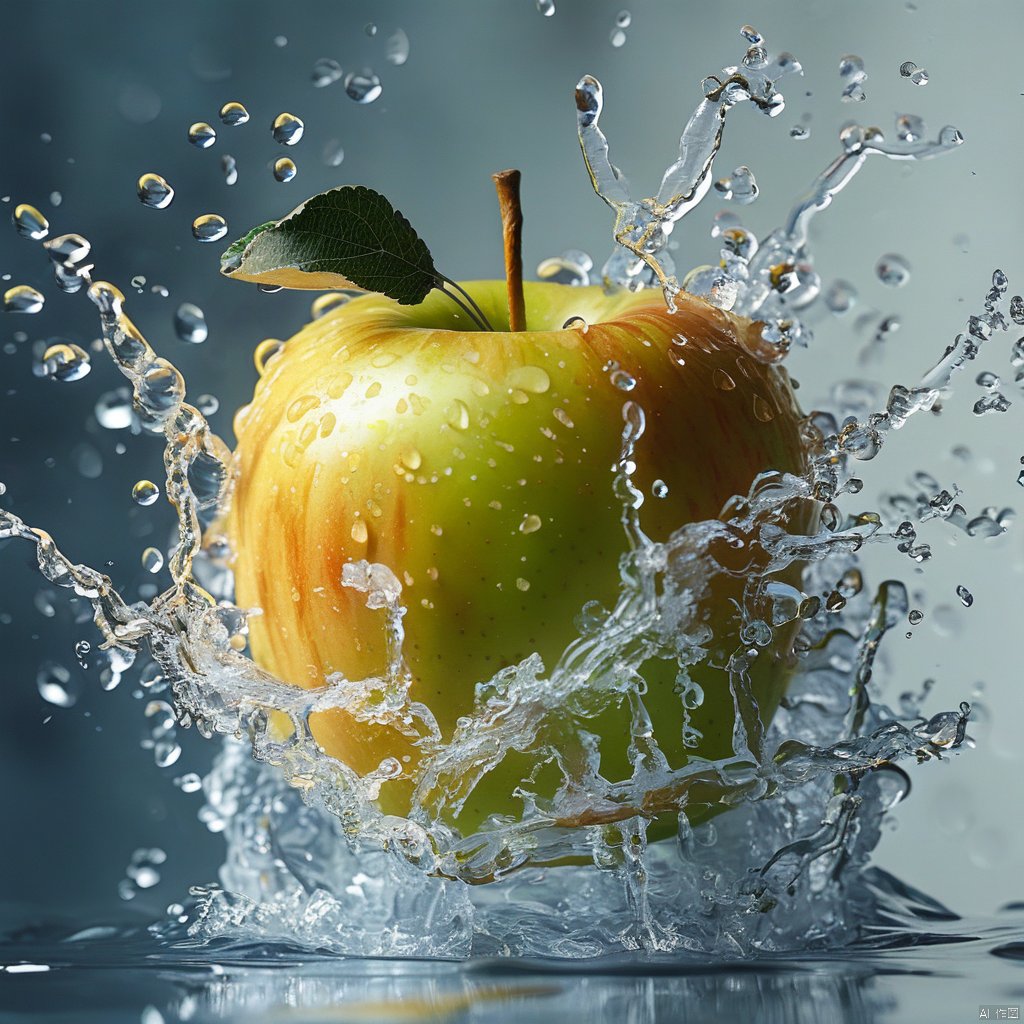 最好的质量,杰作,海报,water splashing,still slice,an Apple