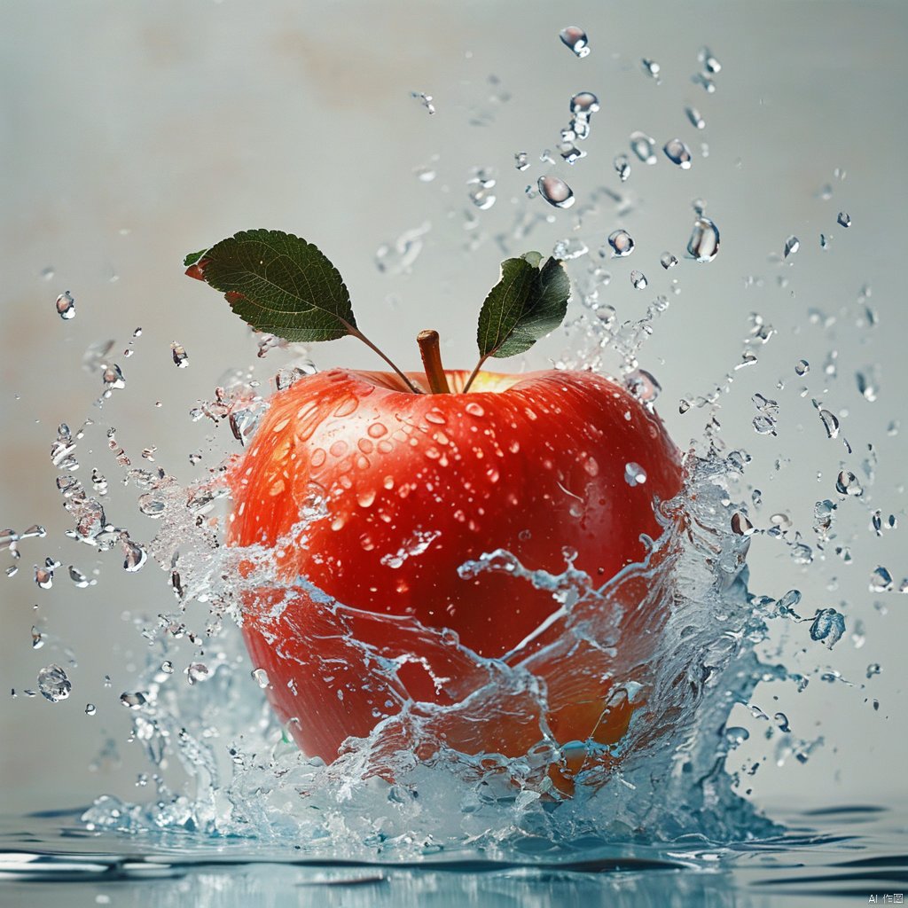 最好的质量,杰作,海报,water splashing,water drop,still slice,an Apple