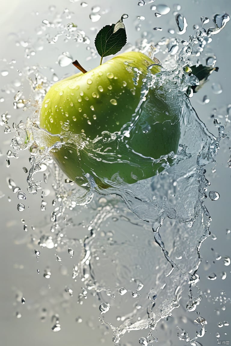 最好的质量,杰作,海报,water splashing,water drop,still slice, an apple