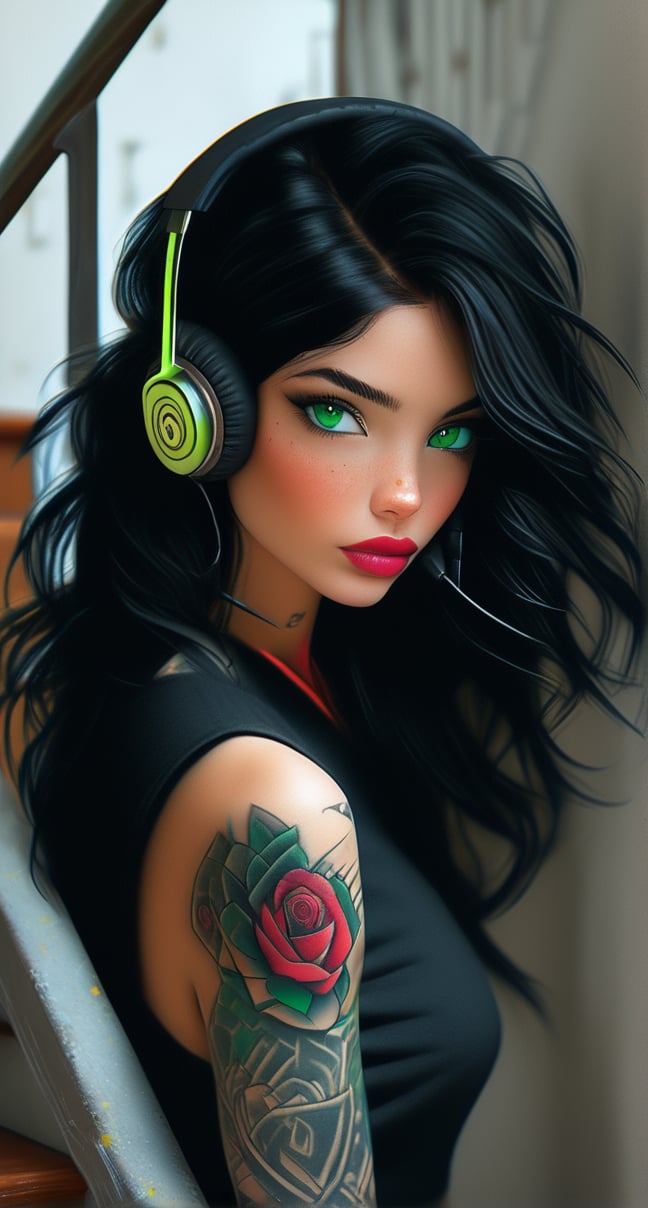 1girl, (((solo, looking at viewer, black hair, green eyes, upper body, sleeveless, nail polish, from side, lips, tattoo, makeup, rose, colored skin, headphones, lipstick, freckles, stairs, realistic, nose, arm tattoo)))