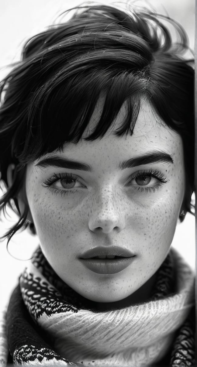 1girl, solo, (((looking at viewer, short hair, closed mouth, monochrome, greyscale, scarf, lips, eyelashes, portrait, freckles, realistic, nose)))