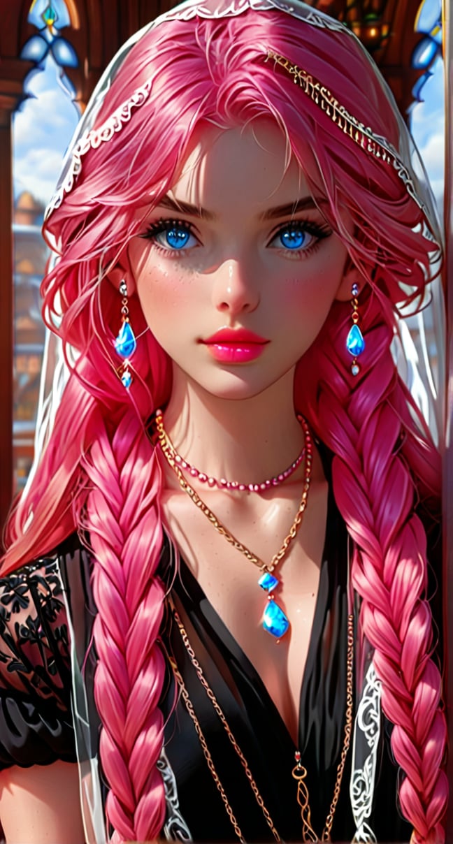 1girl, solo, (((long hair, looking at viewer, blue eyes, jewelry, upper body, pink hair, braid, indoors, necklace, lips, veil)))