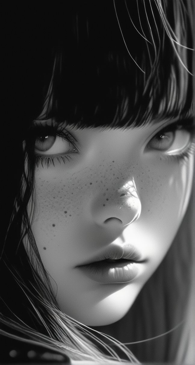 1girl, (((solo, long hair, looking at viewer, bangs, closed mouth, monochrome, greyscale, lips, eyelashes, piercing, portrait, freckles, realistic, nose))))