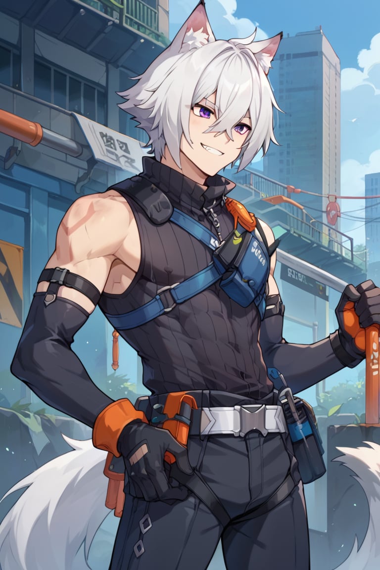 score_9,score_8_up,score_7_up,score_6_up,score_5_up,score_4_up,source_anime, BREAK,1boy, solo, focus male, Seth_Lowell, short hair, hair between eyes, white hair, purple eyes, wolf ears, long tails, sleeveless_shirt, gloves, elbow_gloves, leg harness, long pants, black boots, upper body, bright skin, smile