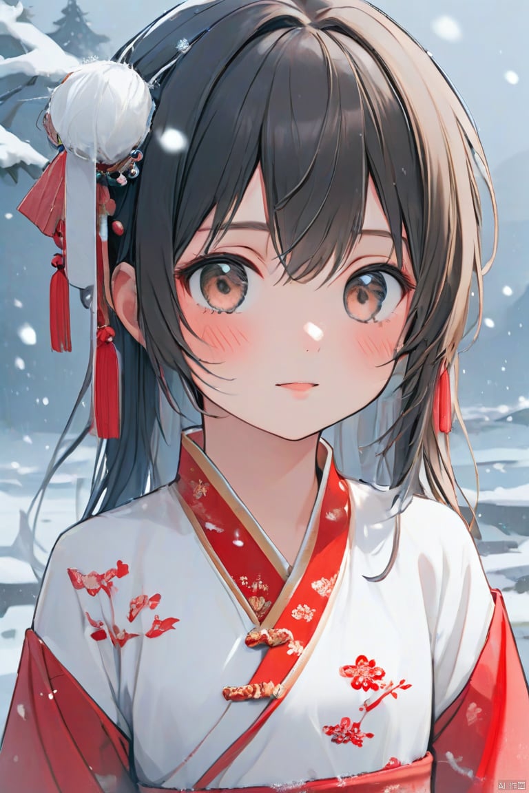 a chinese girl in a white and red kimono stands in a snowy landscape her hair wet from falling snowflakes her eyes closed in serenity.
