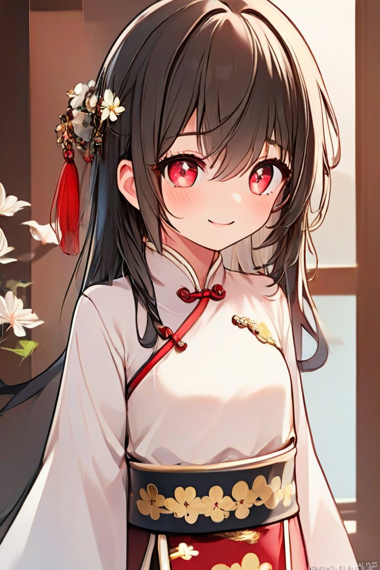 
1girl, solo, long hair, looking at viewer, blush, smile, bangs, brown hair, black hair, hair ornament, red eyes, long sleeves, closed mouth, standing, flower, sidelocks,