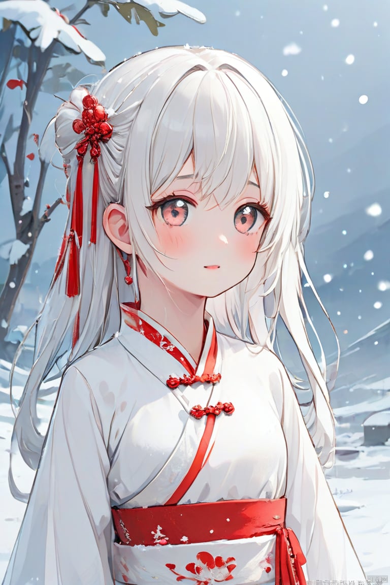 a chinese girl in a white and red kimono stands in a snowy landscape her hair wet from falling snowflakes her eyes closed in serenity.
