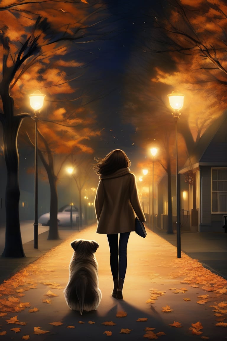 Prompt: A woman, walking her dog, on a quiet, tree-lined street, the ground covered in a soft layer of fallen leaves, her scarf fluttering in the breeze, the streetlights casting long, gentle shadows, with a faint smile on her face, as she enjoys the peaceful, night walk, creating a heartwarming, calming scene,
