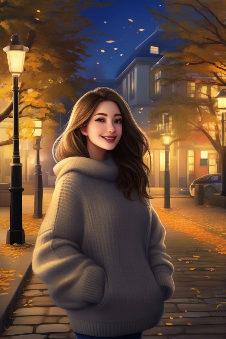 Prompt: A young woman, wearing a cozy sweater, standing on a cobblestone street, lit by warm, golden streetlights, soft shadows, gentle breeze, with a slight smile on her face, hands tucked in pockets, surrounded by the faint glow of city lights, trees lining the street, leaves gently falling, creating a serene, picturesque moment,
