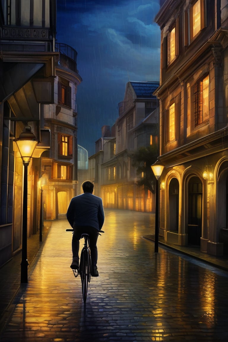 Prompt: A man, riding a bicycle, down a narrow, winding street, the cobblestones glistening from recent rain, streetlights casting a golden hue, his breath visible in the cool air, as he pedals past old buildings, their windows aglow, creating a scene of quiet, solitary beauty, in the heart of the city,
