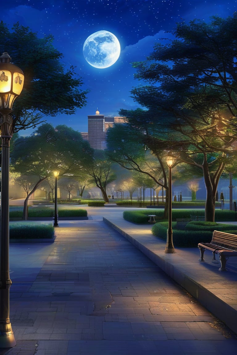 Prompt: A serene park, in the middle of the city, illuminated by the soft, diffused light of the moon, with lampposts casting gentle glows on the winding paths, a fountain softly gurgling in the background, benches placed under large, ancient trees, creating a peaceful, inviting, atmosphere,
