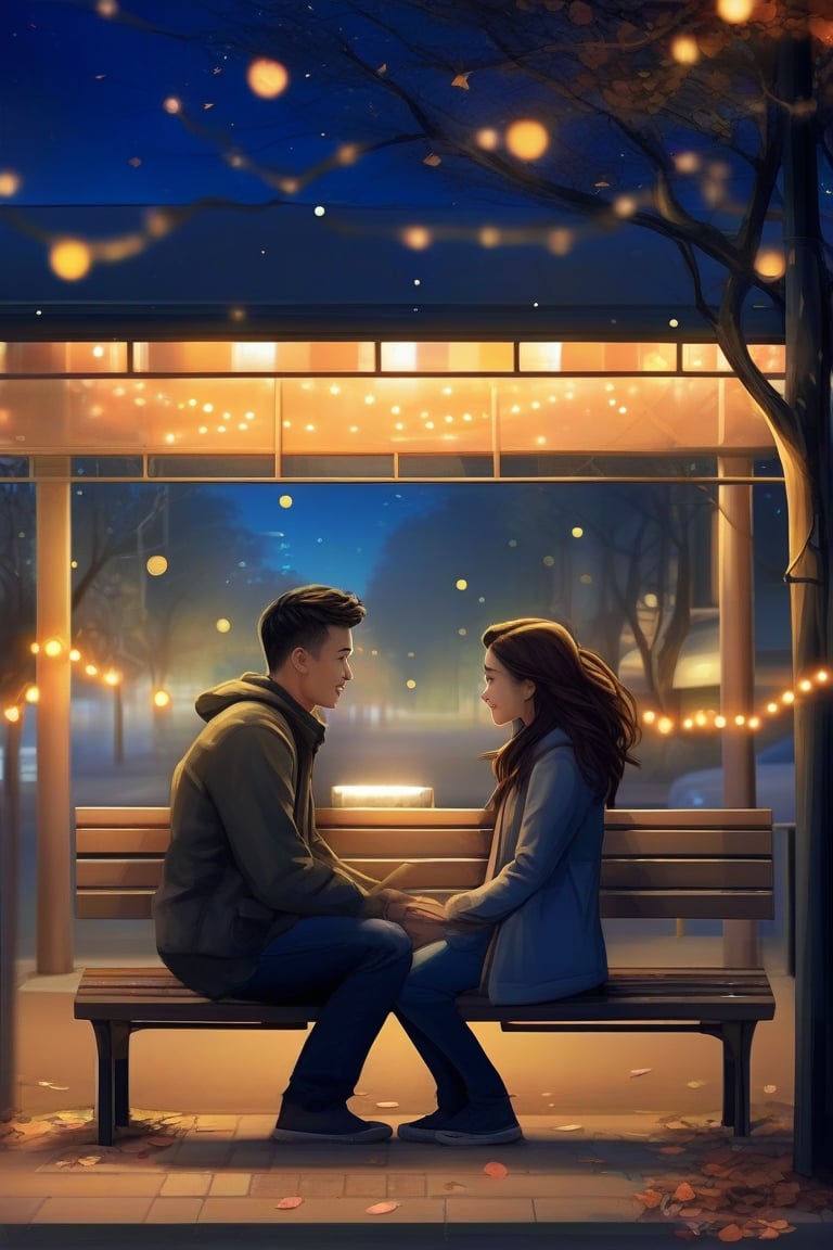 Prompt: A young couple, sitting on a bench, under a canopy of twinkling lights, their faces softly illuminated, as they share a quiet conversation, the street around them peaceful, with the gentle rustle of leaves in the breeze, the warmth of their connection evident, in the stillness of the night.,
