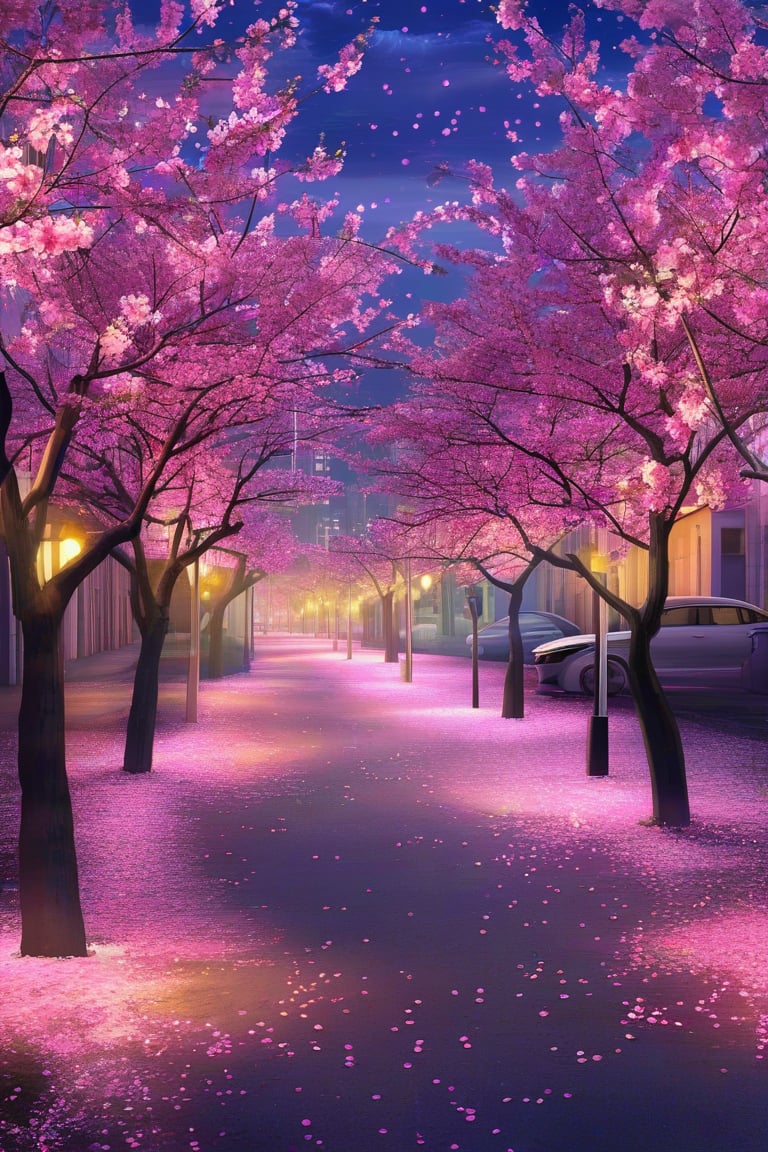 Prompt: A tranquil street, lined with cherry blossom trees, their delicate petals gently falling, illuminated by the soft, pinkish glow of streetlights, the ground covered in a carpet of blossoms, with the quiet hum of the city in the background, creating a scene of pure, serene beauty,
