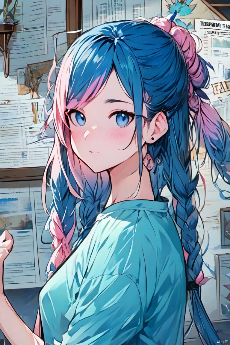 High quality, multi detail, 1 girl, all blue hair, blue hair, pink hair, braids, double braids, blue braids, blue braids, long hair, pompadu hair, bangs, big bangs, silly hair, big silly hair, fluffy hair, T-shirt, upper body, exquisite face, clear eyes, sapphire eyes, newspaper wall, clear newspaper content, 8k, HD