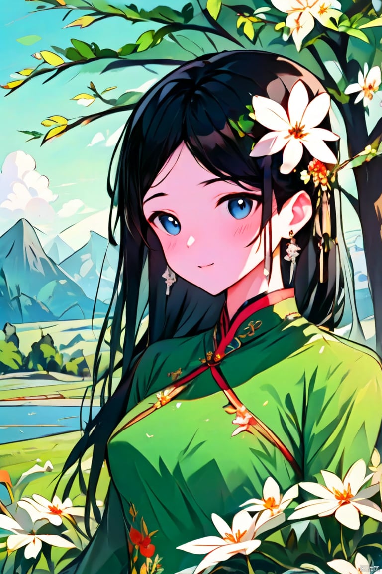 

1girl, solo, long hair, breasts, looking at viewer, blush, bangs, blue eyes, black hair, hair ornament, long sleeves, dress, jewelry, upper body, flower, earrings, outdoors, parted lips, sky, day, cloud, hair flower, tree, parted bangs, watermark, chinese clothes, floral print, white flower, tassel, green dress, mountain