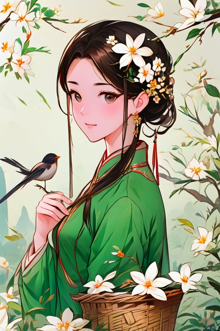 1girl, solo, long hair, simple background, brown hair, hair ornament, long sleeves, full body, flower, hair flower, chinese clothes, white flower, bird, green dress, holding basket, hanfu, negative_hand
