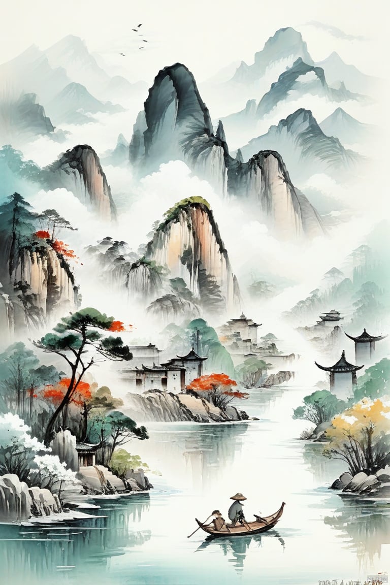 New meticulous brushwork, nostalgic printing,Rolchun, rock-color panel painting, fashionable watercolor, oil painting, quiet town, with a long alley, creepers on the wall and wildflowers on the roadside, pedestrians riding bicycles, idyllic scenery. Exquisite painting style,Exquisite style painting, Chinese ink landscape painting