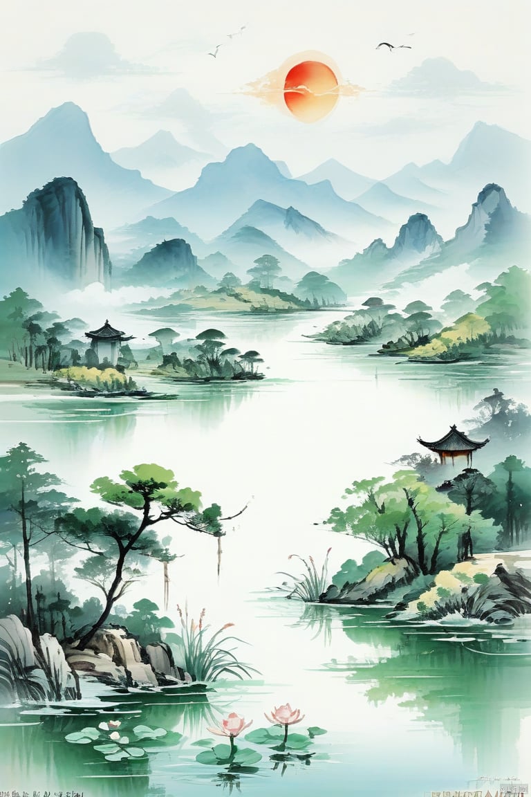 It depicts a landscape painting in the style of the Song Dynasty, combining meticulous brushwork with freehand brushwork. There is a light green lake with lotus flowers blooming inside, and a pavilion by the lake. The distant mountains and light blue sky (without clouds), with the setting sun hanging in the sky, create a charming scene. Exquisite style painting, Chinese ink landscape painting