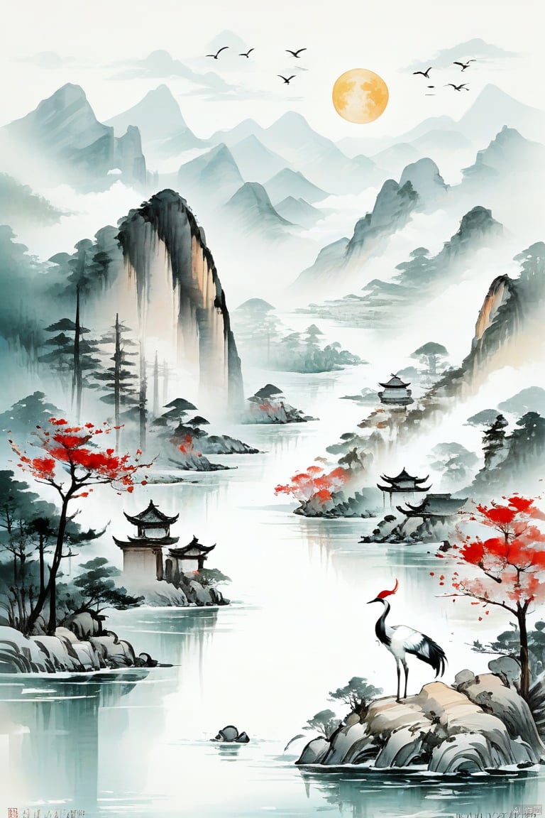 Chinese archway, full moon, (light and elegant colors in the picture), Chinese classical architecture, red crowned crane, overlooking mountains from afar, high-rise building, (white background: 1.1), ink painting, foreground of osmanthus tree, distant lake, riverbank with some rockeries and stones, red maple trees, and small boats on the river surface,Exquisite style painting, Chinese ink landscape painting